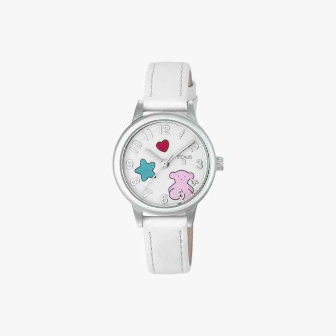 Reloj Muffin de acero con correa de piel blanca