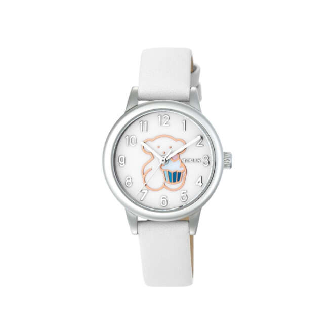 Reloj New Muffin de acero con correa de piel blanca