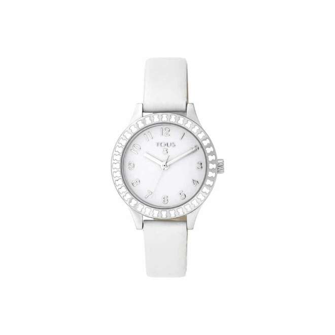 Reloj Straight Kids de acero y bisel de osos con correa de piel blanca