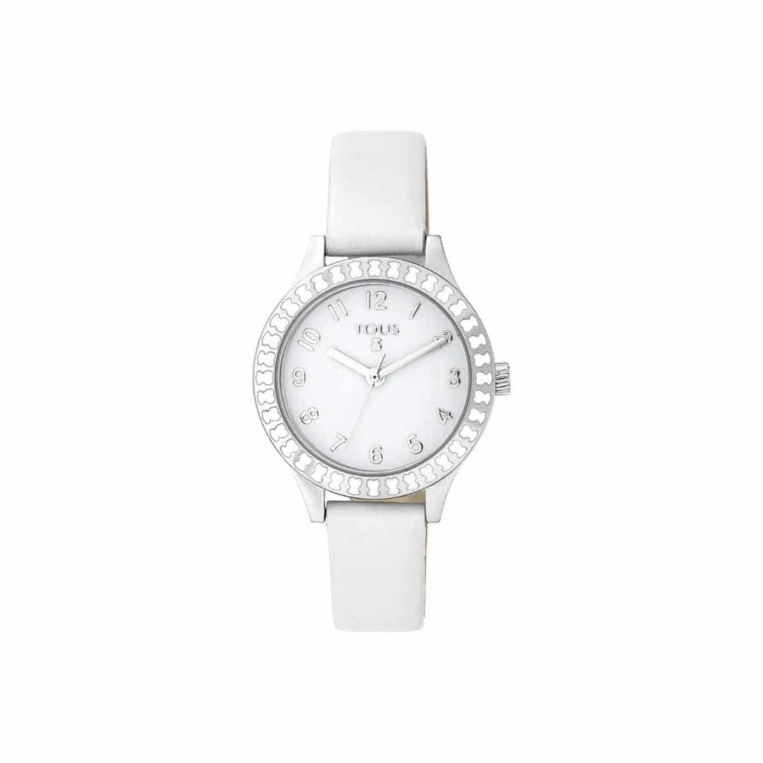 Reloj Straight Kids de acero y bisel de osos con correa de piel blanca