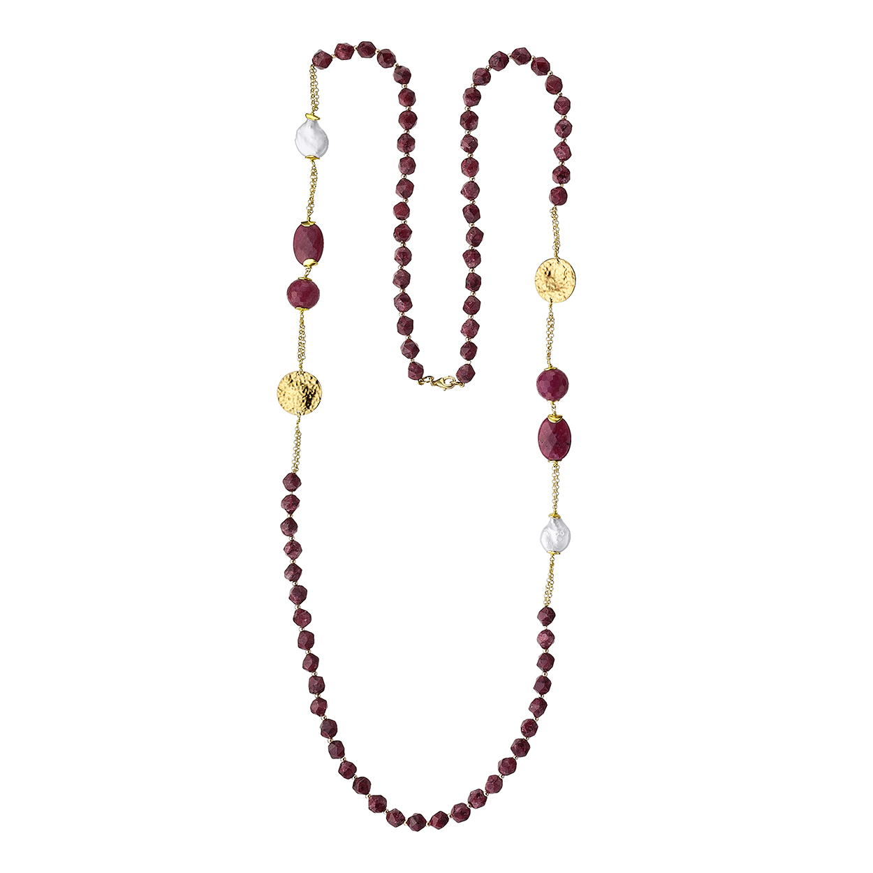 Collar De Plata Dorada Flappers De Durán Exquse con perlas barrocas y piedra agata burgundy