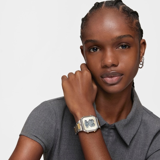 TOUS D-BEAR Reloj digital con brazalete de acero dorado IPG y acero SS