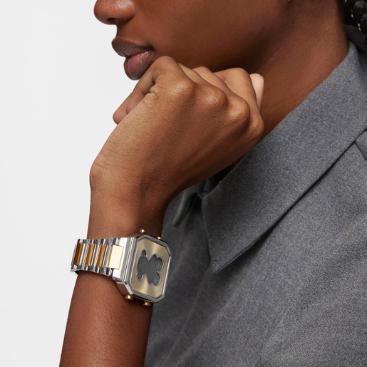 TOUS D-BEAR Reloj digital con brazalete de acero dorado IPG y acero SS