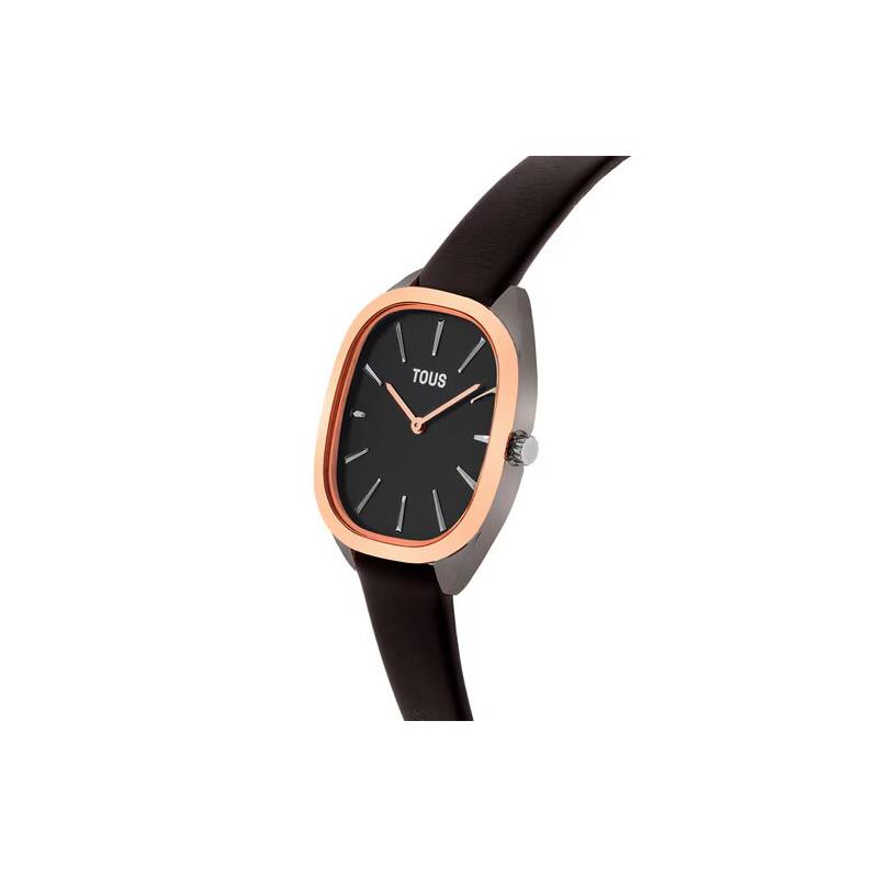 TOUS Heritage Reloj analógico de acero rosa IPRG con correa de piel negra