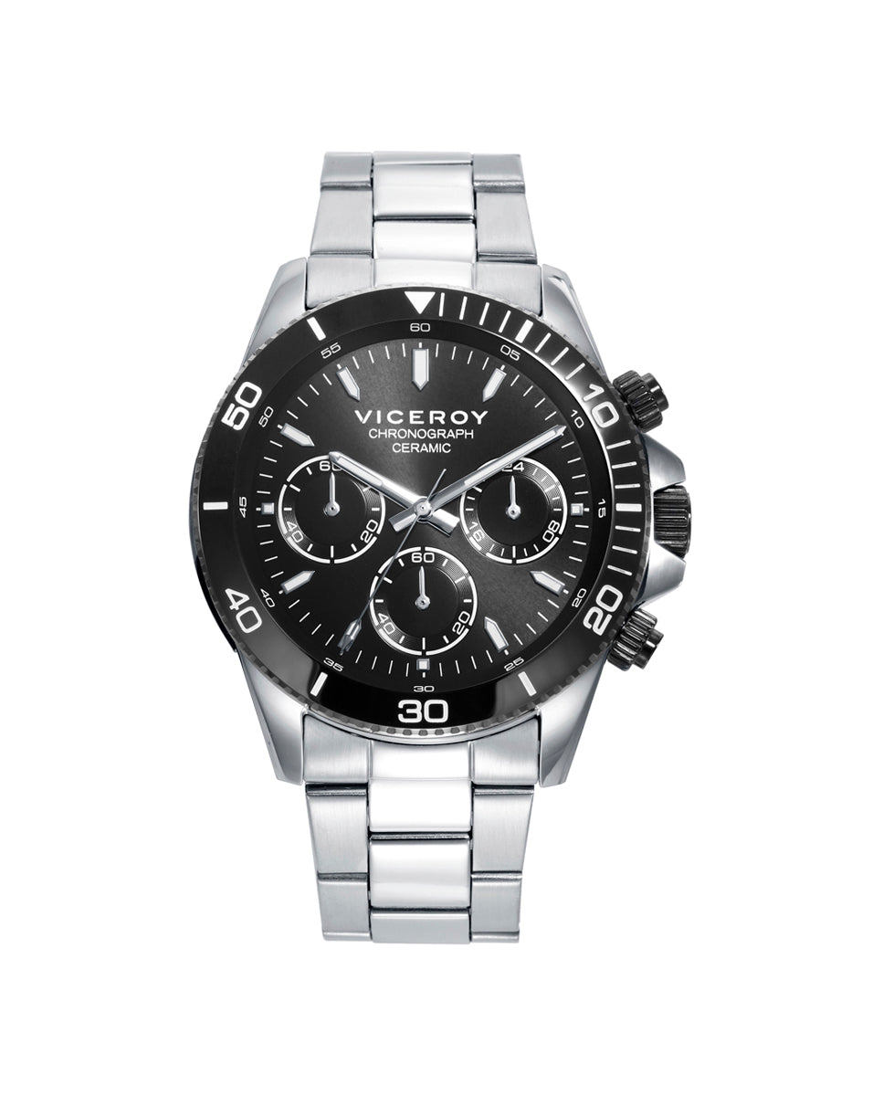 Viceroy - Reloj caja de acero con bisel cerámico negro 5 atm y brazalete de acero con movimiento cuarzo
