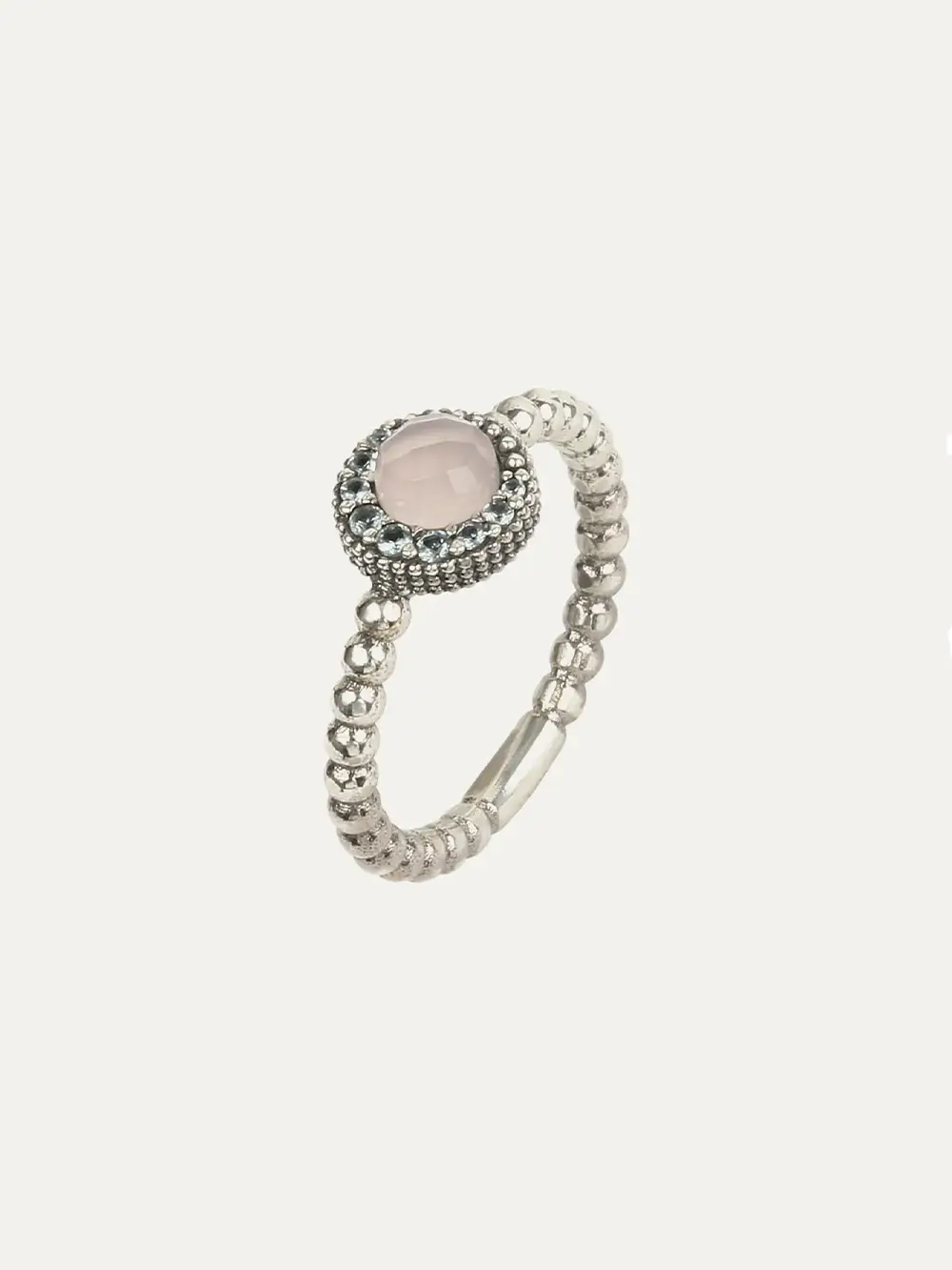 Anillo Sunfield Zinnia mini de plata oxidada con cuarzo rosa y circonitas AN064790/15