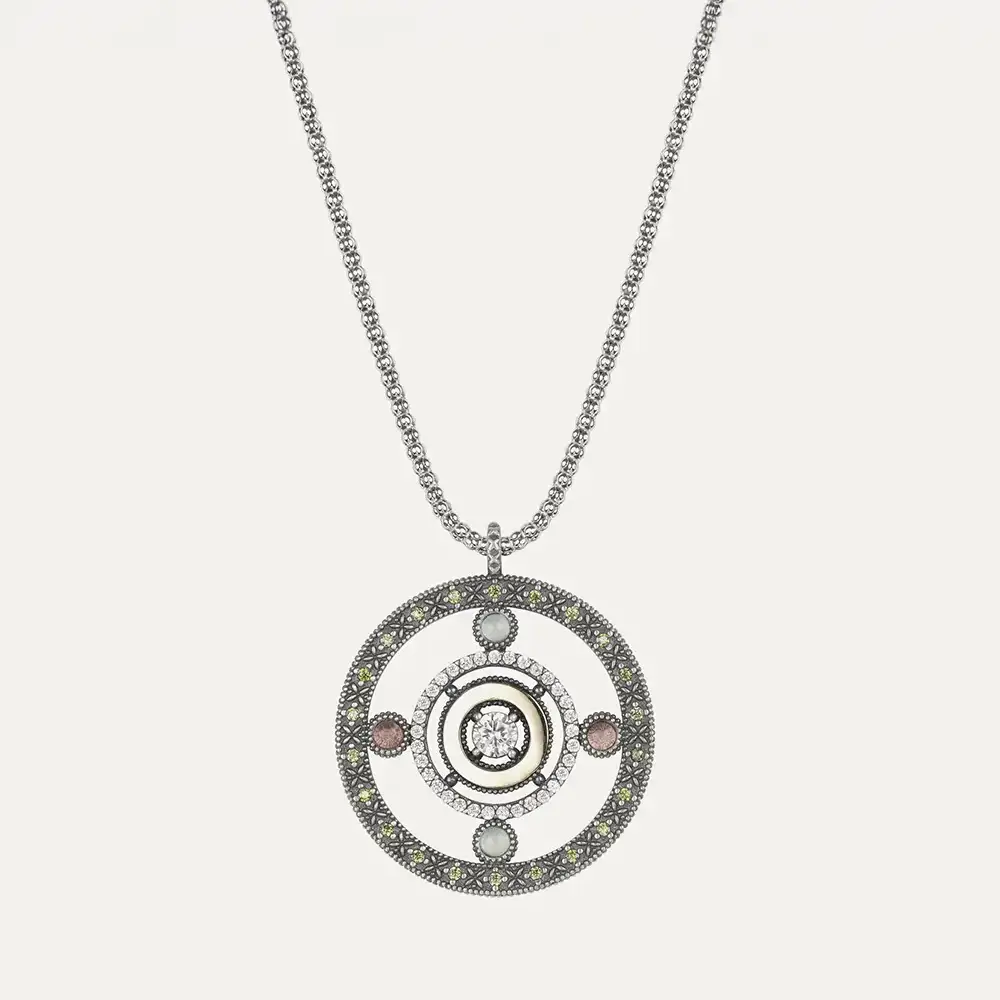 Colgante Sunfield Eiffel Round de plata envejecida con calcedonia, turmalina rosa y circonitas CL064090