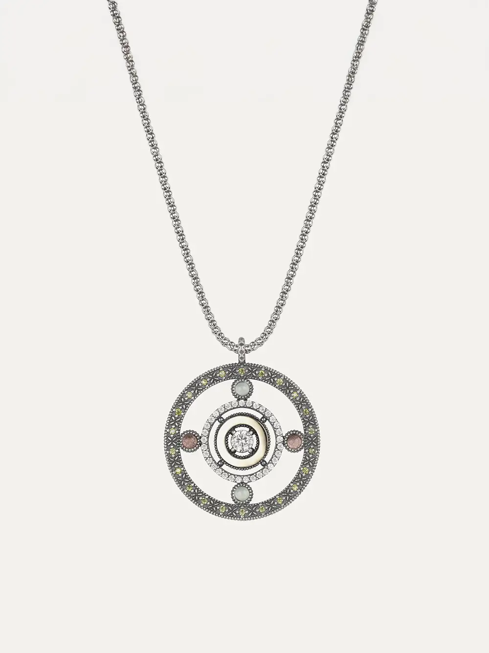 Colgante Sunfield Eiffel Round de plata envejecida con calcedonia, turmalina rosa y circonitas CL064090